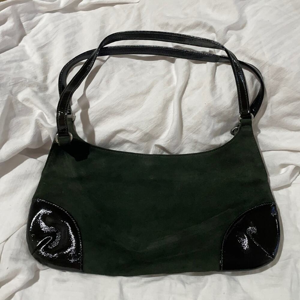 Banana Republic deep green sued patent leather double strap mini handbag euc